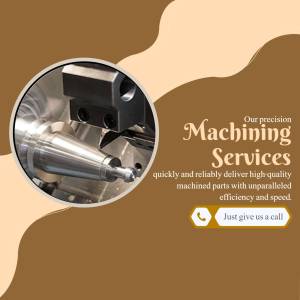 Close-up of a lathe machine working on a metal part with text advertising machining services.