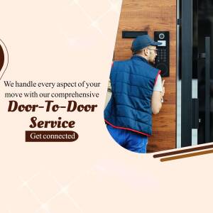 A delivery person using a smart lock at a door with text advertising door-to-door moving services.