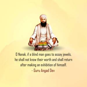Portrait of Guru Angad Dev with a quote about discernment