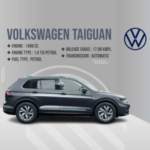 Volkswagen Taigun car side profile with engine and mileage details
