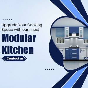 Modern blue modular kitchen with white countertops and stainless steel appliances