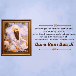 Portrait of Guru Ram Das Ji with a celebratory message