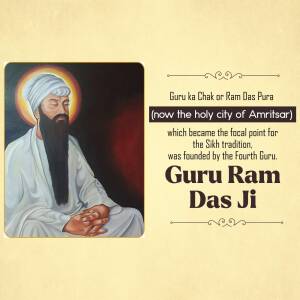 Portrait of Guru Ram Das Ji with text about Amritsar