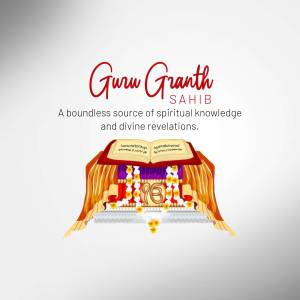 Image depicting Guru Granth Sahib with an open book and floral decorations.