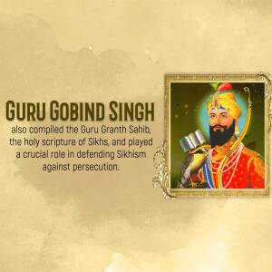 Portrait of Guru Gobind Singh Ji with text describing his contributions