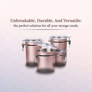 Set of four rose gold airtight food storage containers with metal clamps.