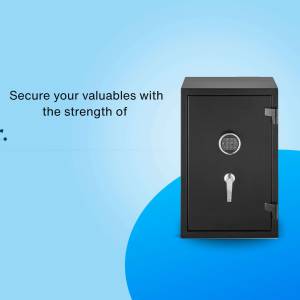 Black home safe with a dial lock and keyhole