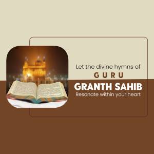 Image of Guru Granth Sahib with Golden Temple in the background and text promoting its hymns.