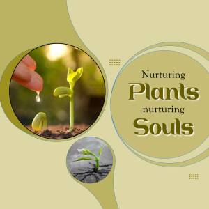A hand watering a seedling with a background of a blooming flower and text 'Nurturing Plants nurturing Souls'