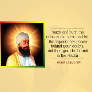 Portrait of Guru Arjan Dev with a spiritual quote