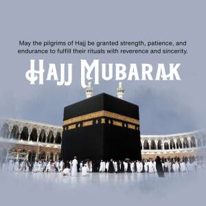 Image of the Kaaba in Mecca with the text 'Hajj Mubarak'