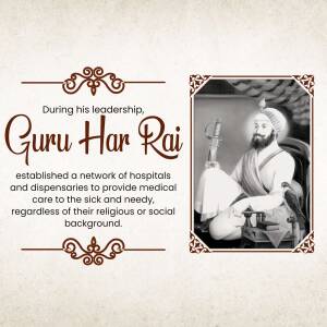 Portrait of Guru Har Rai with text highlighting his establishment of medical care networks.