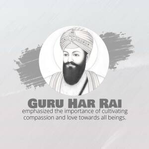 Portrait of Guru Har Rai with text emphasizing compassion