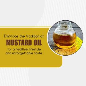 Image of a jar of mustard oil with mustard seeds and a promotional text.