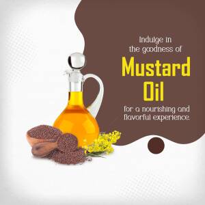 A glass bottle of mustard oil with mustard seeds and flowers.