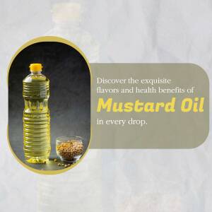 Bottle of mustard oil with mustard seeds and text promoting its flavors and health benefits.