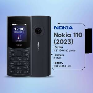 Close-up of the Nokia 110 (2023) mobile phone with screen displaying time and signal.