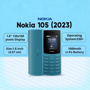 Nokia 105 (2023) teal colored feature phone with display and specifications