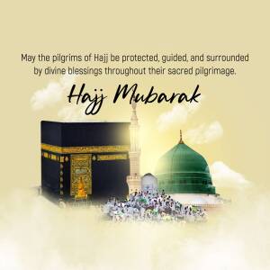 Hajj Mubarak image with the Kaaba and Masjid an-Nabawi