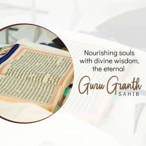 Close-up of Guru Granth Sahib with text 'Nourishing souls with divine wisdom, the eternal Guru Granth Sahib'