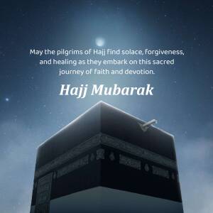 Image of the Kaaba with a Hajj Mubarak greeting.