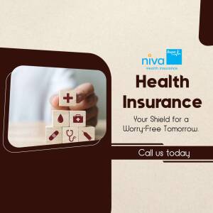 Health insurance concept with medical symbols on building blocks and Niva Health Insurance logo.