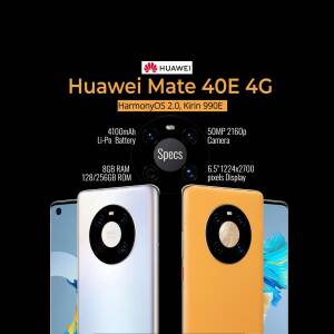 Huawei Mate 40E 4G smartphone with key specifications displayed