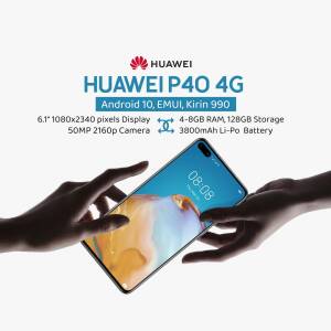 Huawei P40 4G smartphone with hands holding it, displaying specs