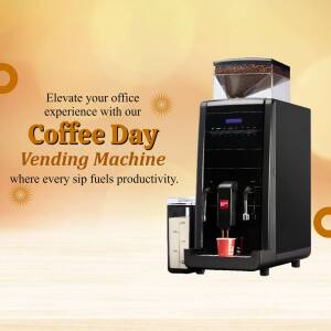 Coffee Day vending machine with coffee beans and a red cup, promoting office productivity.