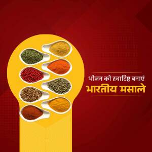 A vibrant image showcasing various Indian spices in spoons against a red and yellow background.