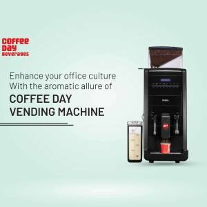 Coffee Day vending machine with coffee beans and a cup, promoting office beverage solutions.