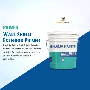 Hinduja Paints Wall Shield Exterior Primer in a white bucket with blue and teal accents
