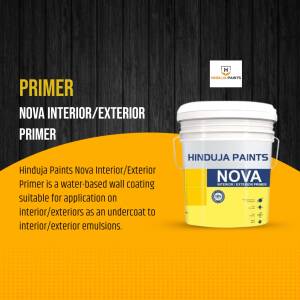 Hinduja Paints Nova Interior/Exterior Primer in a white bucket with yellow and blue accents
