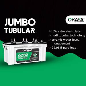 Okaya Jumbo Tubular Battery with features highlighted
