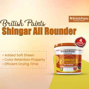 British Paints Shingar All Rounder paint can with product features.