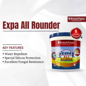 British Paints Expa All Rounder paint bucket with key features highlighted.