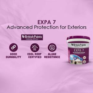 British Paints Expa 7 Advanced Protection for Exteriors paint can with features