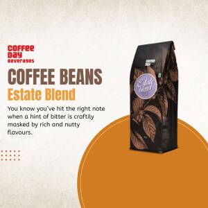 Close-up of Coffee Day Beverages Estate Blend coffee bean packaging.
