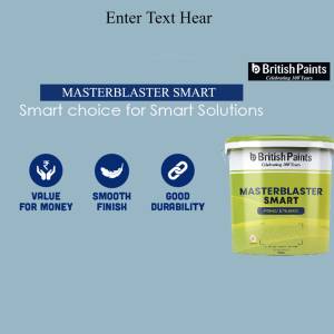 British Paints Masterblaster Smart paint can with value, smooth finish, and durability icons.