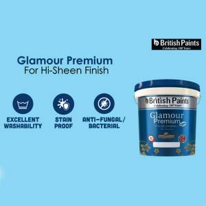 A can of British Paints Glamour Premium paint in a light blue color.
