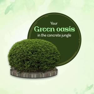 A lush green bush in a brick planter with a green circular background and text.