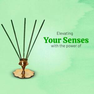 Incense sticks burning in a golden holder on a light green background with text 'Elevating Your Senses'