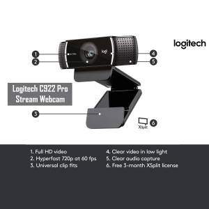 Logitech C922 Pro Stream Webcam with features highlighted
