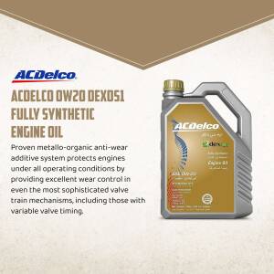 ACDelco OW20 Dexos1 Fully Synthetic Engine Oil bottle with product details.
