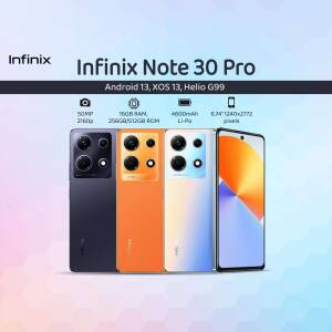 Infinix Note 30 Pro smartphone in three different colors - black, orange, and blue.
