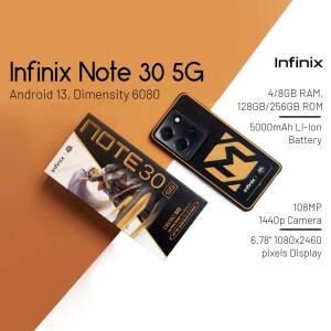Infinix Note 30 5G smartphone with box, showcasing features and specifications.