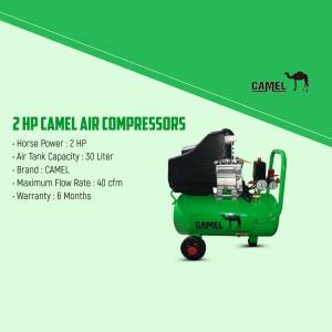 Image of a green Camel brand 2 HP air compressor with specifications.