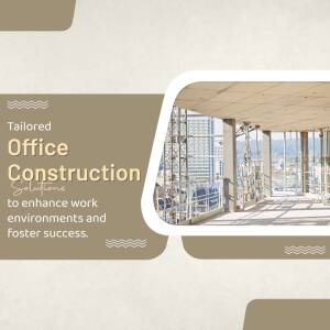 Interior view of an office construction site with city skyline in the background
