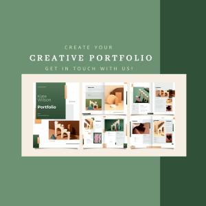 Mockup of a creative portfolio layout with various page designs.