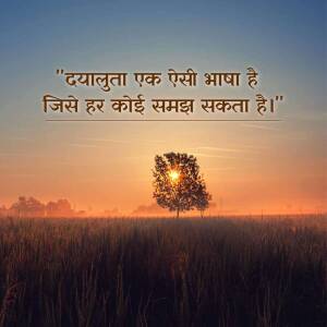 Sunset over a field with a silhouetted tree and text in Hindi
